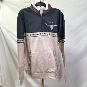Black & Tan Fleece Lined Western Aztec Themed Half Zip Pullover Men's 3XL